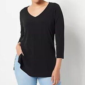 Susan Graver Black Liquid Knit V-neck Tunic 3/4 Sleeve-5X Petite Length